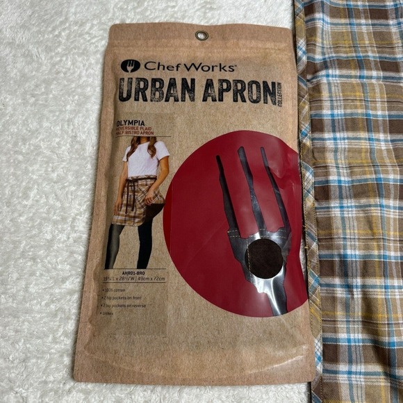 Chef Works Half Bistro Apron Olympia Reversible Plaid NEW Brown Blue Pockets - Picture 3 of 6